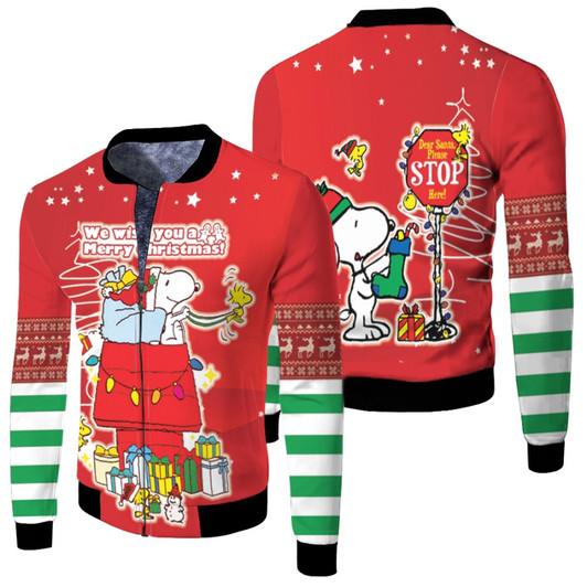 Snoopy We Wish You Merry Christmas Gift Holiday Red Fleece Bomber Jacket