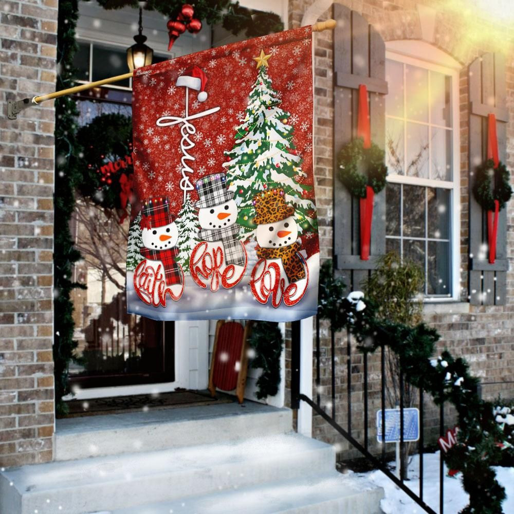 Snowman  Faith Hope Love Merry Christmas Garden Flag House Flag