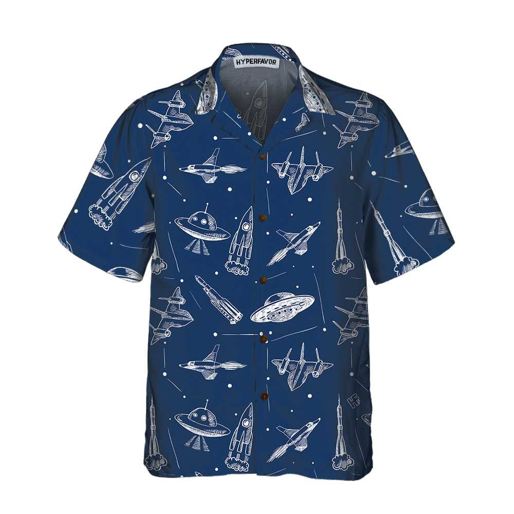 Space Aircraft Seamless Pattern Hawaiian Shirt Navy Aircraft Aviation shirt For Men