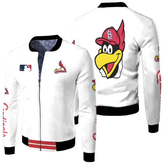 St Louis Cardinals Mlb Baseball Team Fredbird Logo White Fleece Bomber Jacket