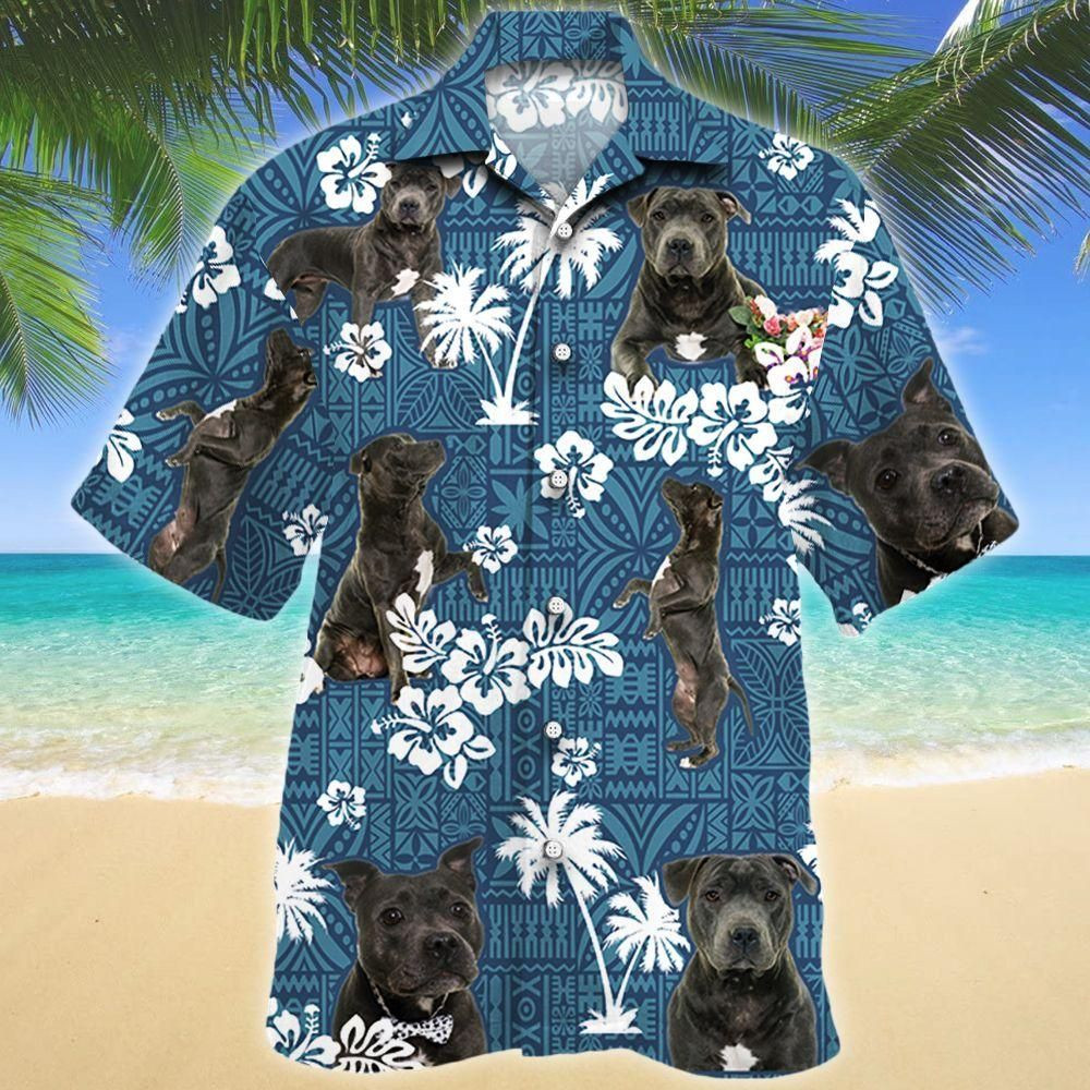 Staffordshire Bull Terrier Dog Blue Tribal Aloha Hawaiian Shirt Colorful Short Sleeve Summer Beach Casual Shirt For Men And Women