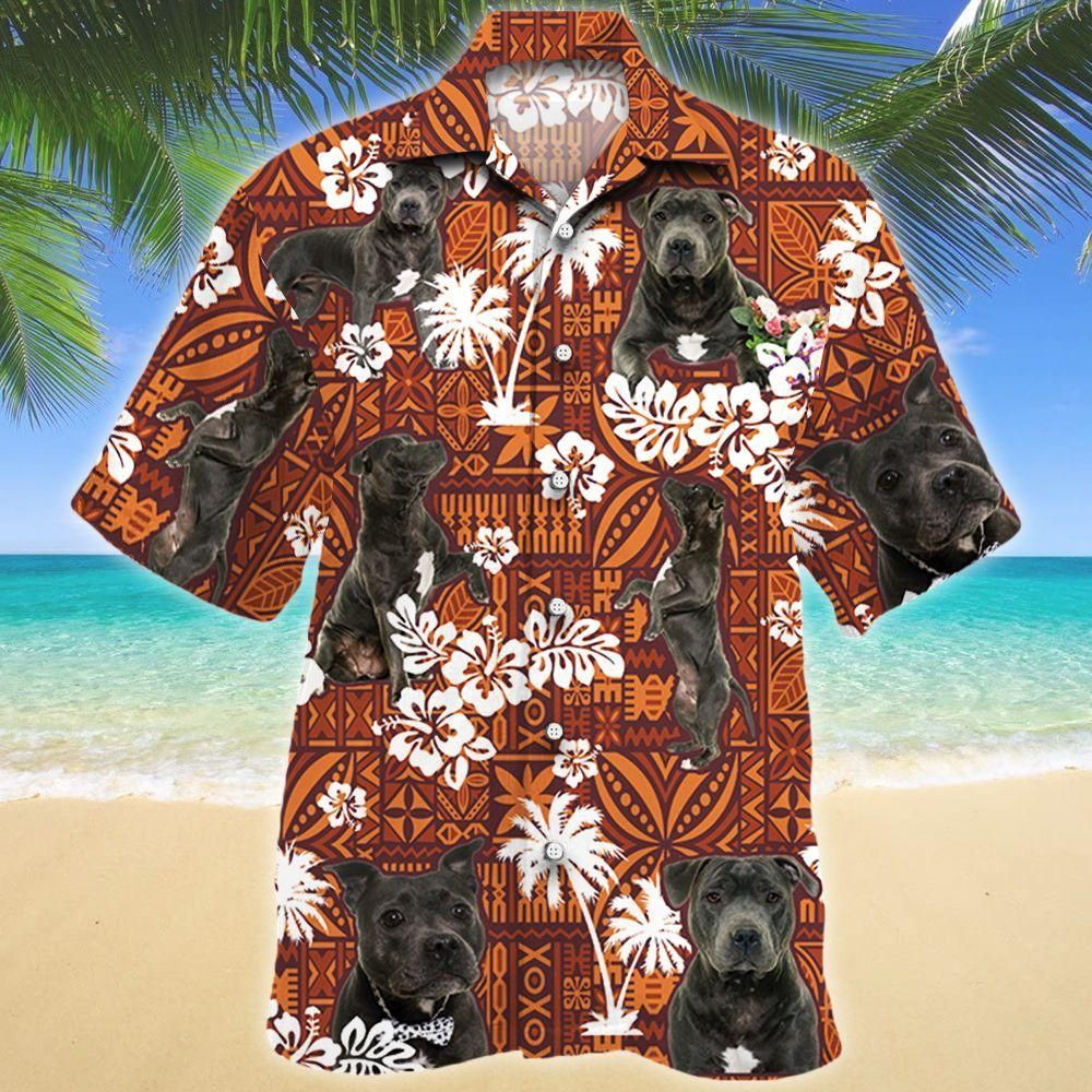 Staffordshire Bull Terrier Dog Red Tribal Aloha Hawaiian Shirt Colorful Short Sleeve Summer Beach Casual Shirt For Men And Women