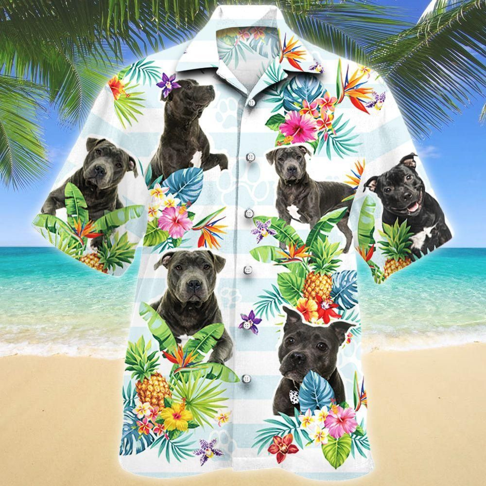 Staffordshire Bull Terrier Dog Tropical Flower Aloha Hawaiian Shirt Colorful Short Sleeve Summer Beach Casual Shirt For Men And Women