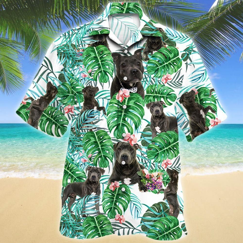 Staffordshire Bull Terrier Dog Tropical Plant Aloha Hawaiian Shirt Colorful Short Sleeve Summer Beach Casual Shirt For Men And Women