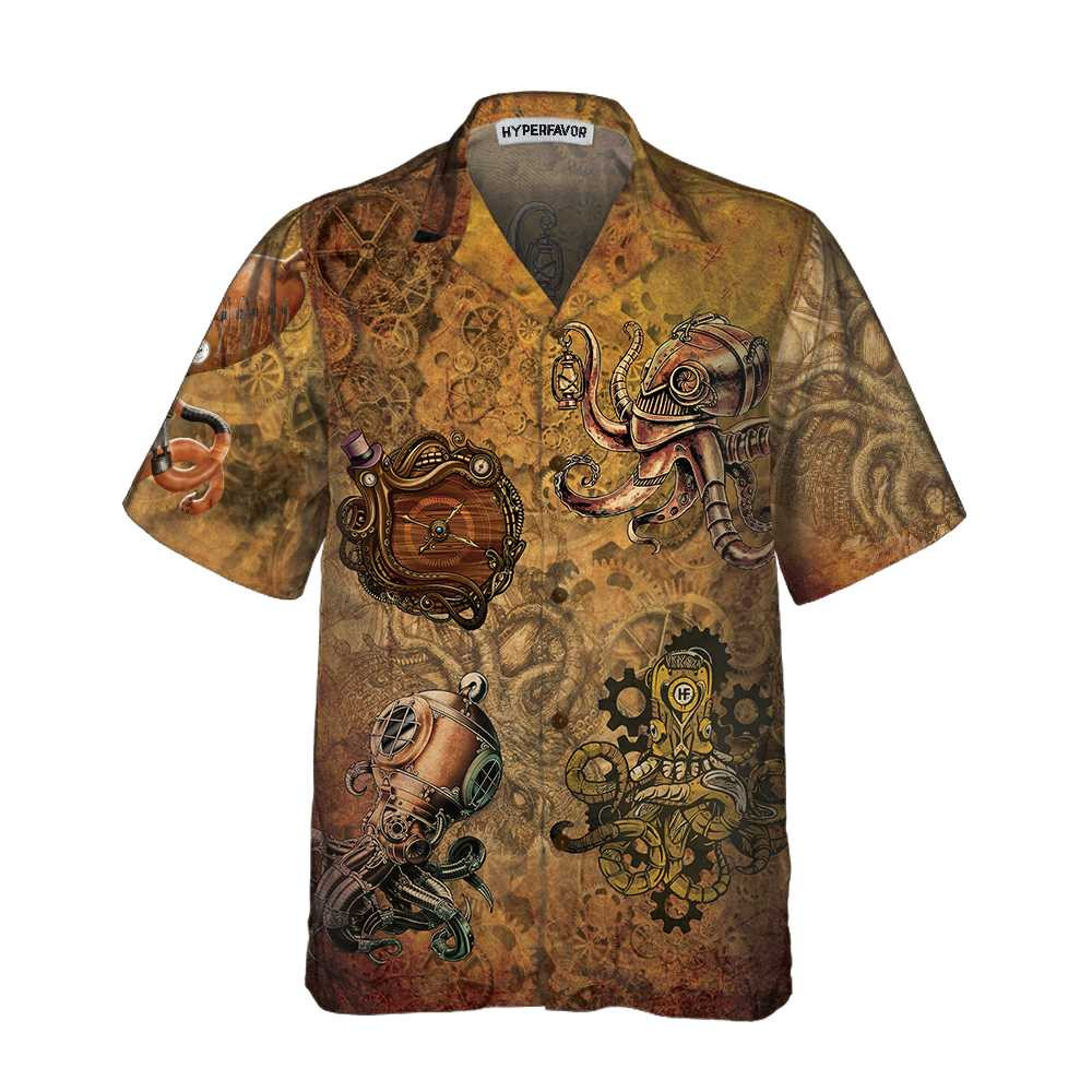 Steampunk Octopus Hawaiian Shirt Short Sleeve Octopus Shirt Unique Octopus Beach Shirt For Men