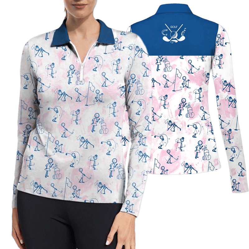 Stick figures Playing Golf  Womens Long Sleeve Golf Polo Casual Shirt