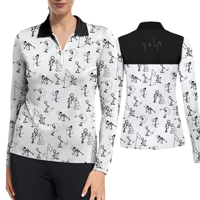 Stick figures Playing Golf  Womens Long Sleeve Golf Polo Casual Shirt