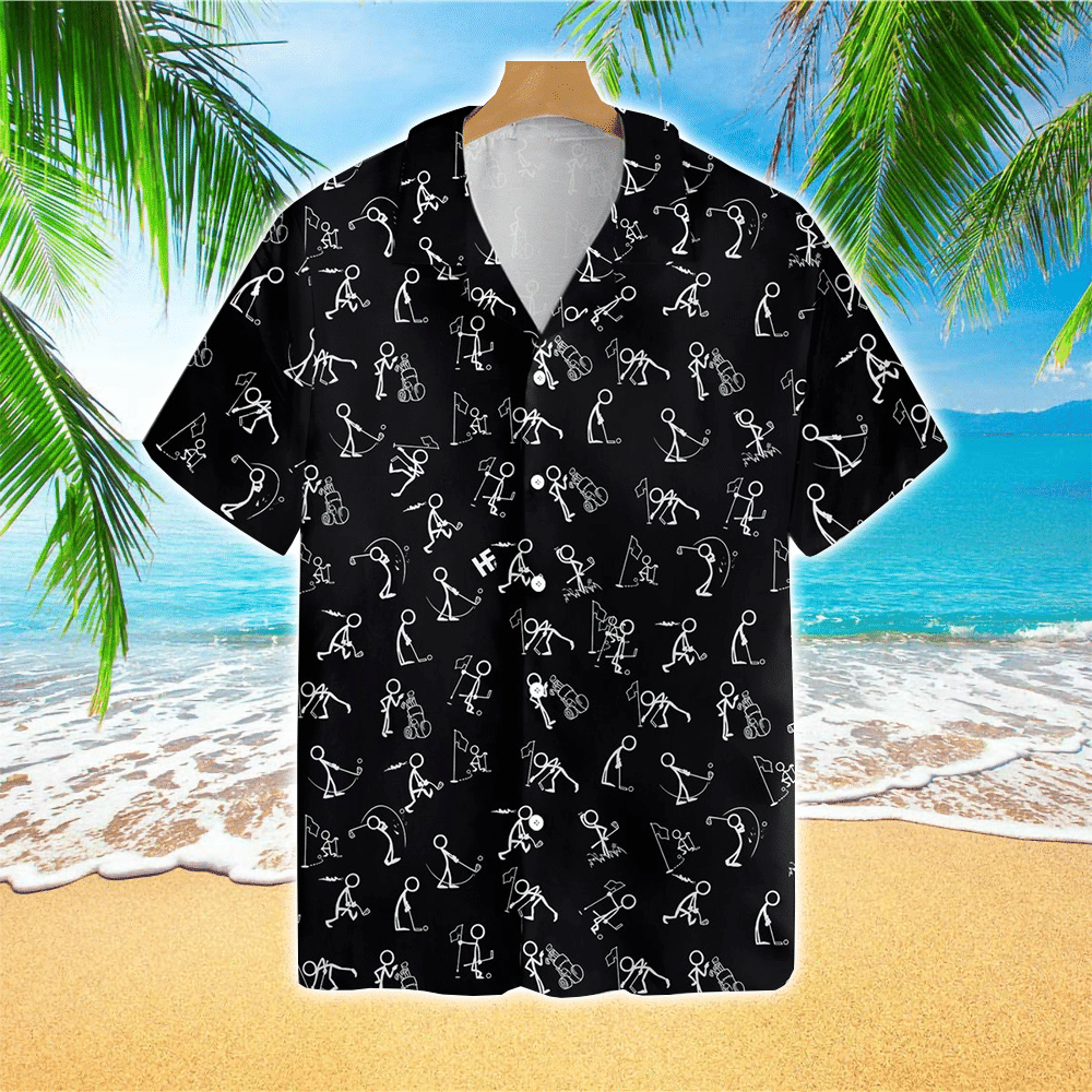 Stickfigures Playing Golf On Black Background Hawaiian Shirt Summer Aloha Shirt