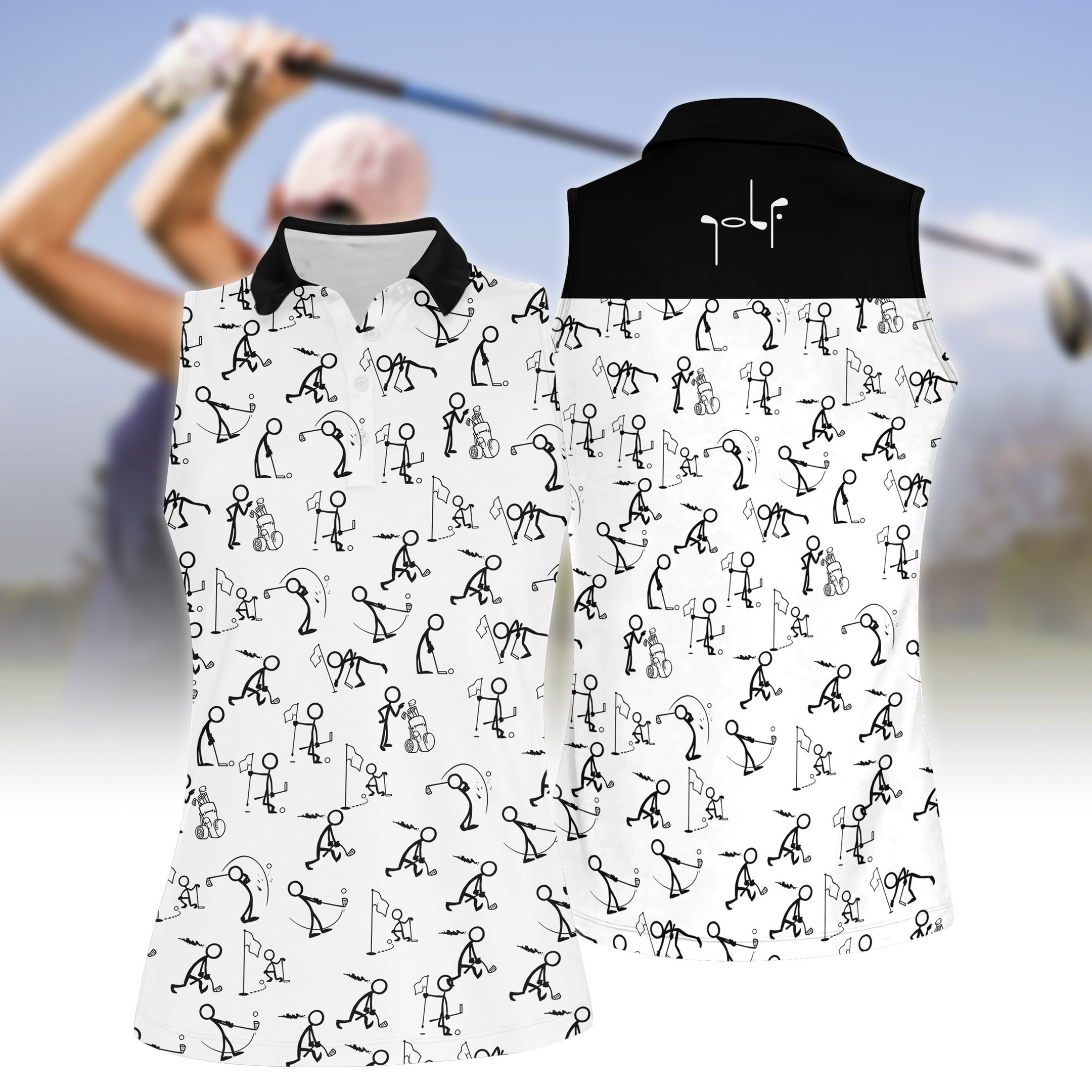 Stickfigures Playing Golf Women Short Sleeve Polo Shirt Sleeveless Polo Shirt