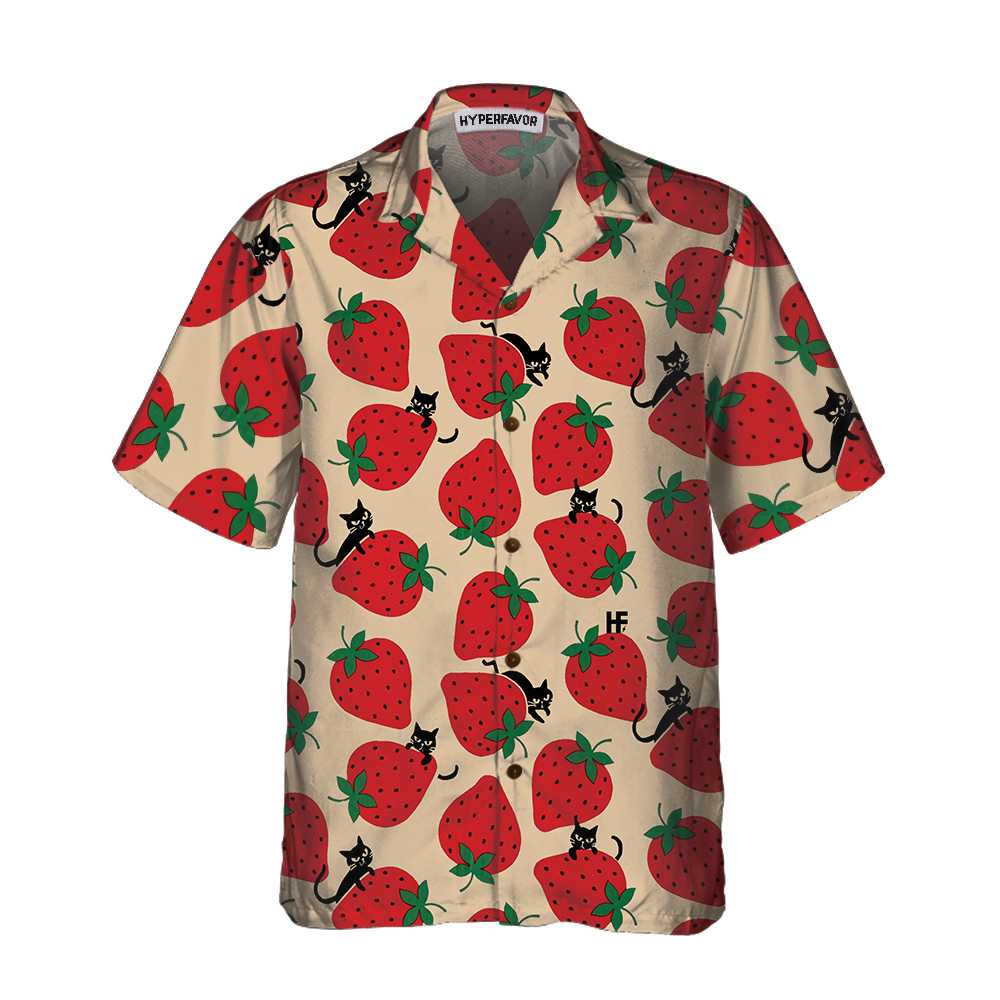 Strawberry And Cat Seamless Pattern Hawaiian Shirt Strawberry Shirt For Men  Women Strawberry Print Shirt