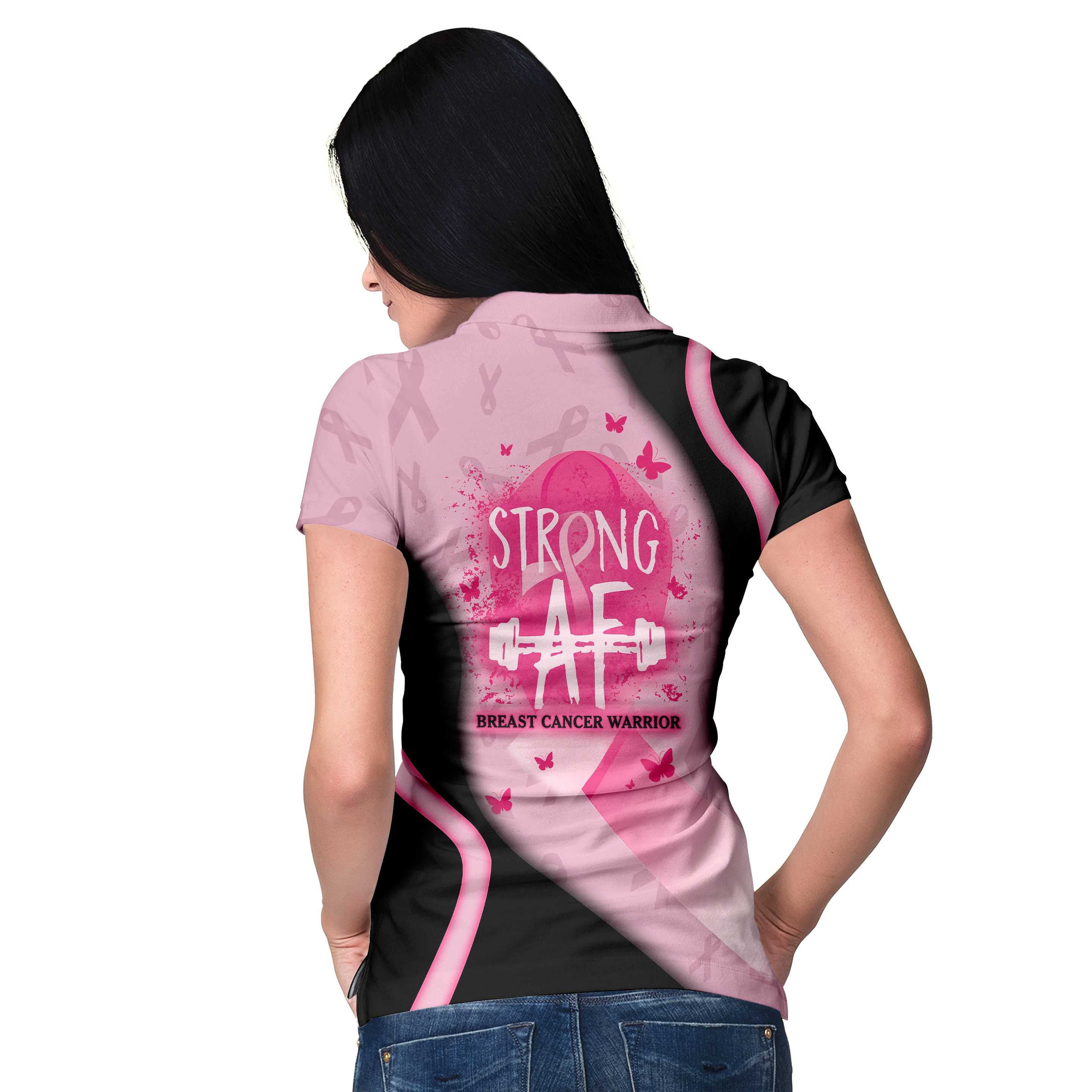 Strong AF Breast Cancer Warrior Custom Short Sleeve Women Polo Shirt Personalized Pink Breast Cancer Awareness Shirt For Ladies