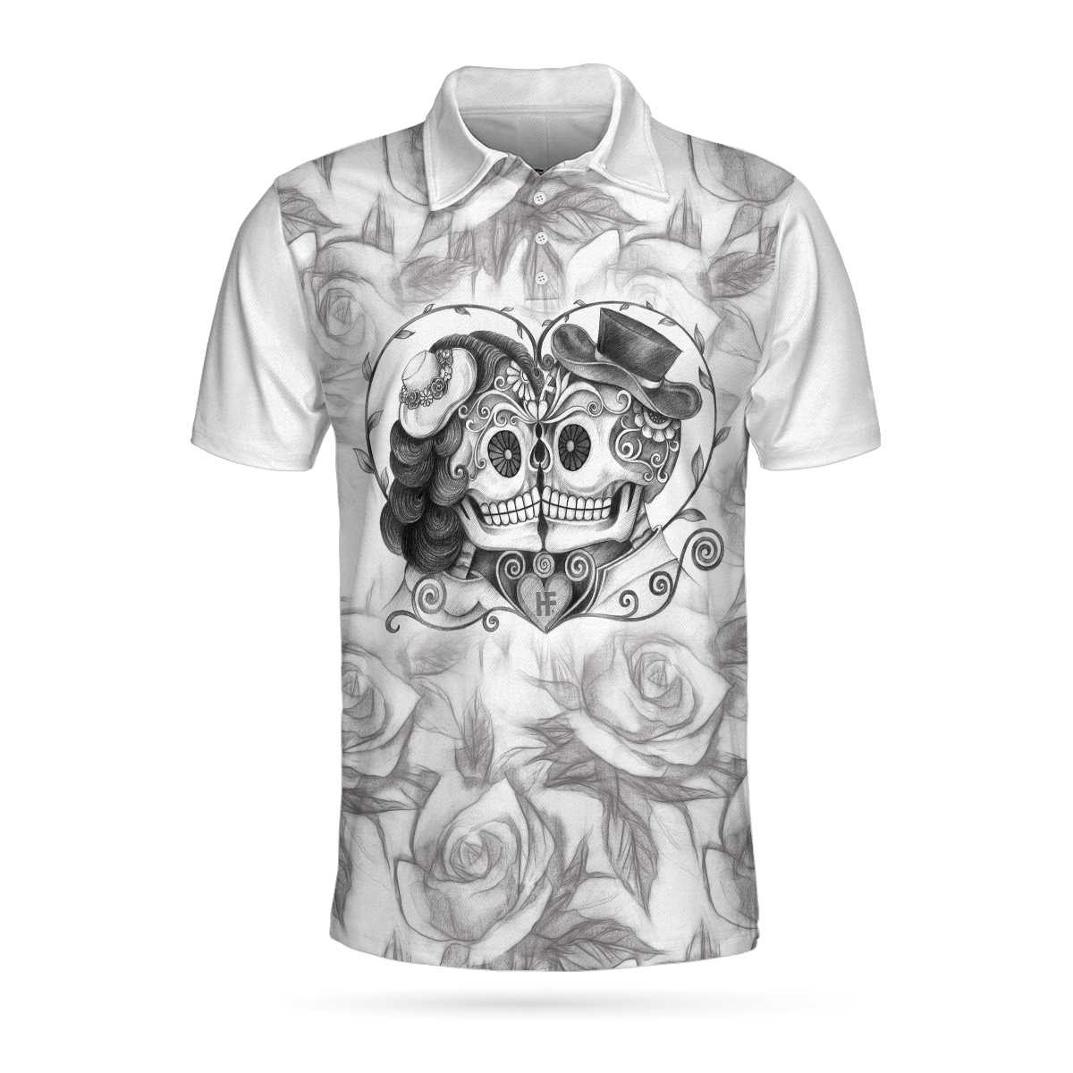 Sugar Skull Drawing Love Polo Shirt Skull Couple Rose Pattern Pencil Sketching Polo Shirt For Men