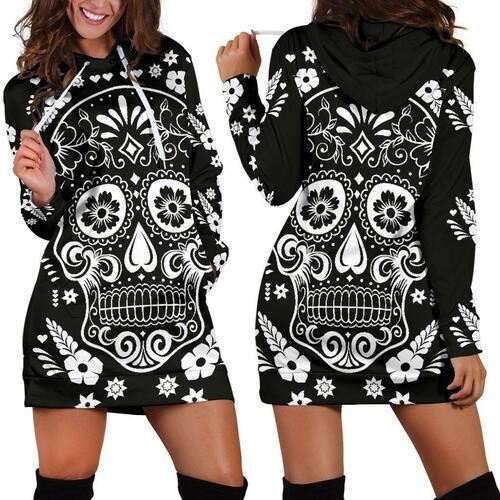 Sugar Skull  Flowers Hoodie Dress Sweater Dress Sweatshirt Dress 3d All Over Print For Women Hoodie