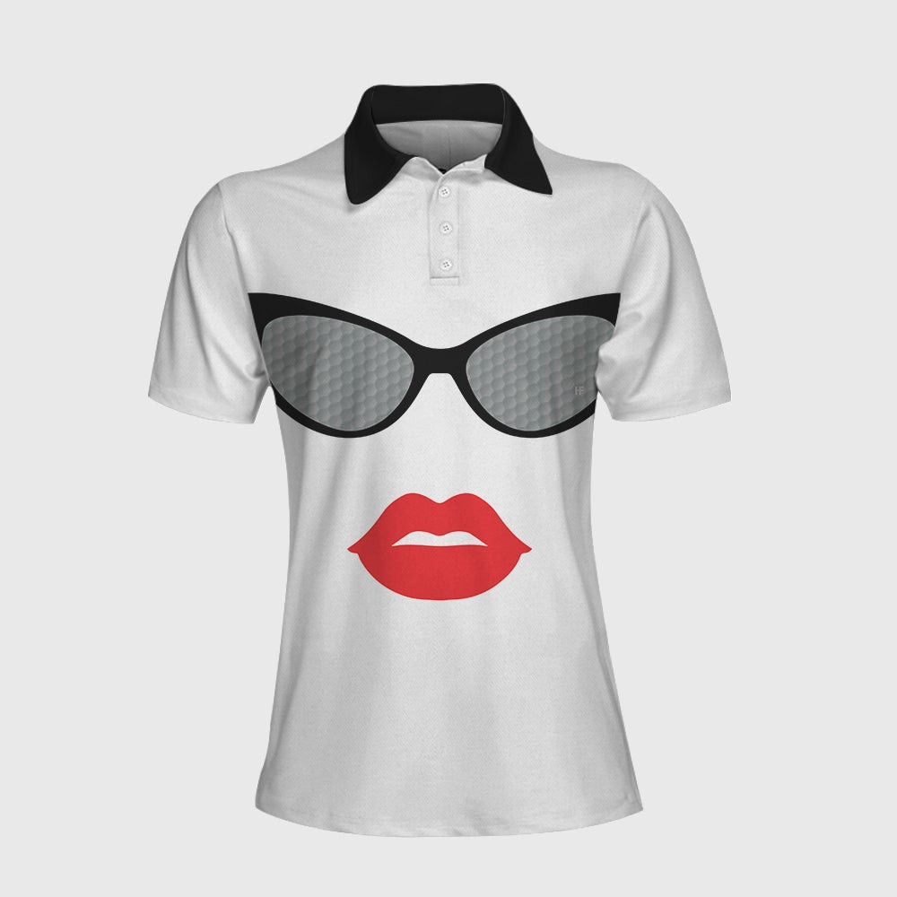 Sunglasses And Sexy Red Lips Golf Short Sleeve Women Polo Shirt Unique White Golf Shirt For Ladies