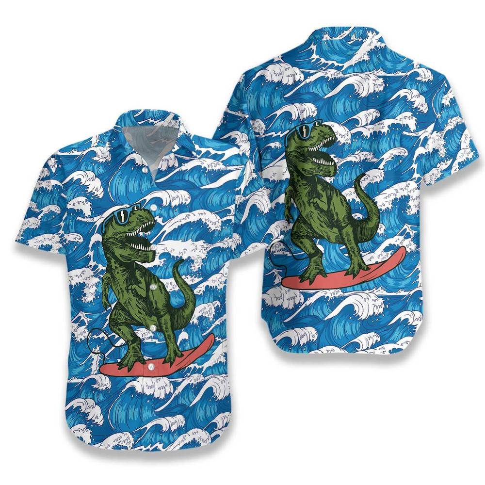 Surfing T-Rex Dinosaur Hawaiian Shirt for Men and Women
