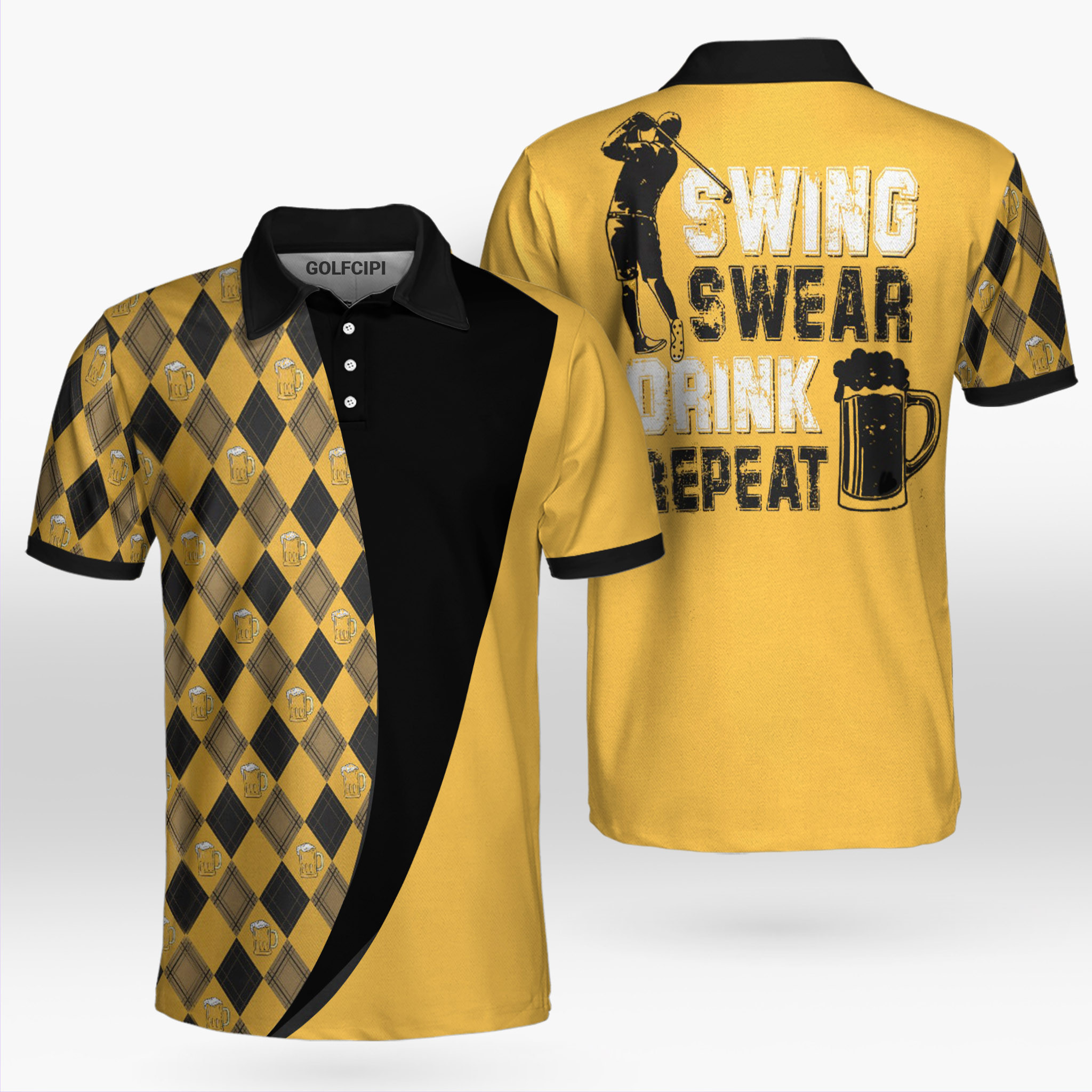 Swing Swear Drink Repeat Argyle Pattern Golf Drinking Golf Shirt Golf Shirts Short Sleeve Polo For Men