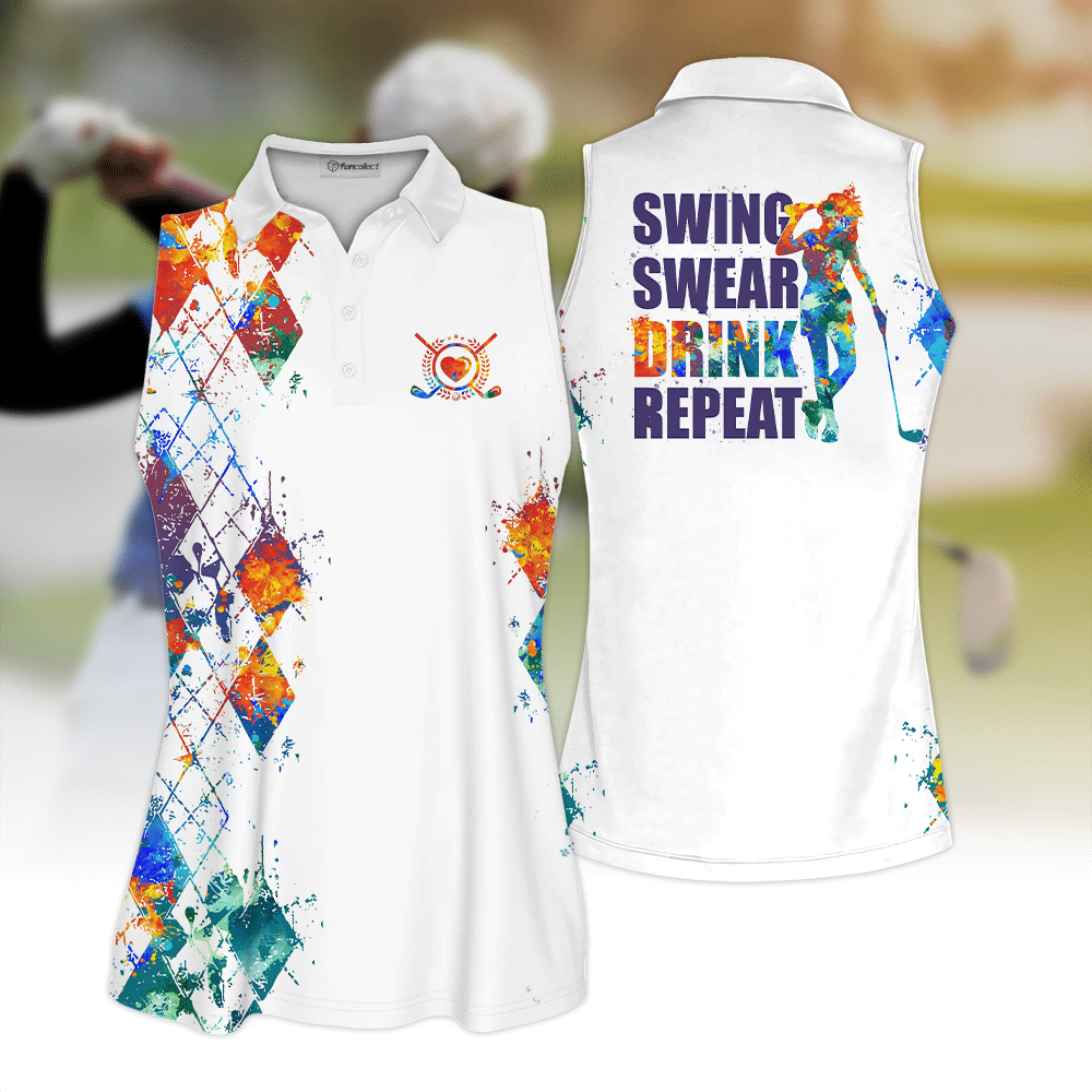 Swing Swear Drink Repeat Funny Golf Sleeveless Polo Shirt Sleeveless Zipper Polo Shirt or Long Sleeve Polo Shirt