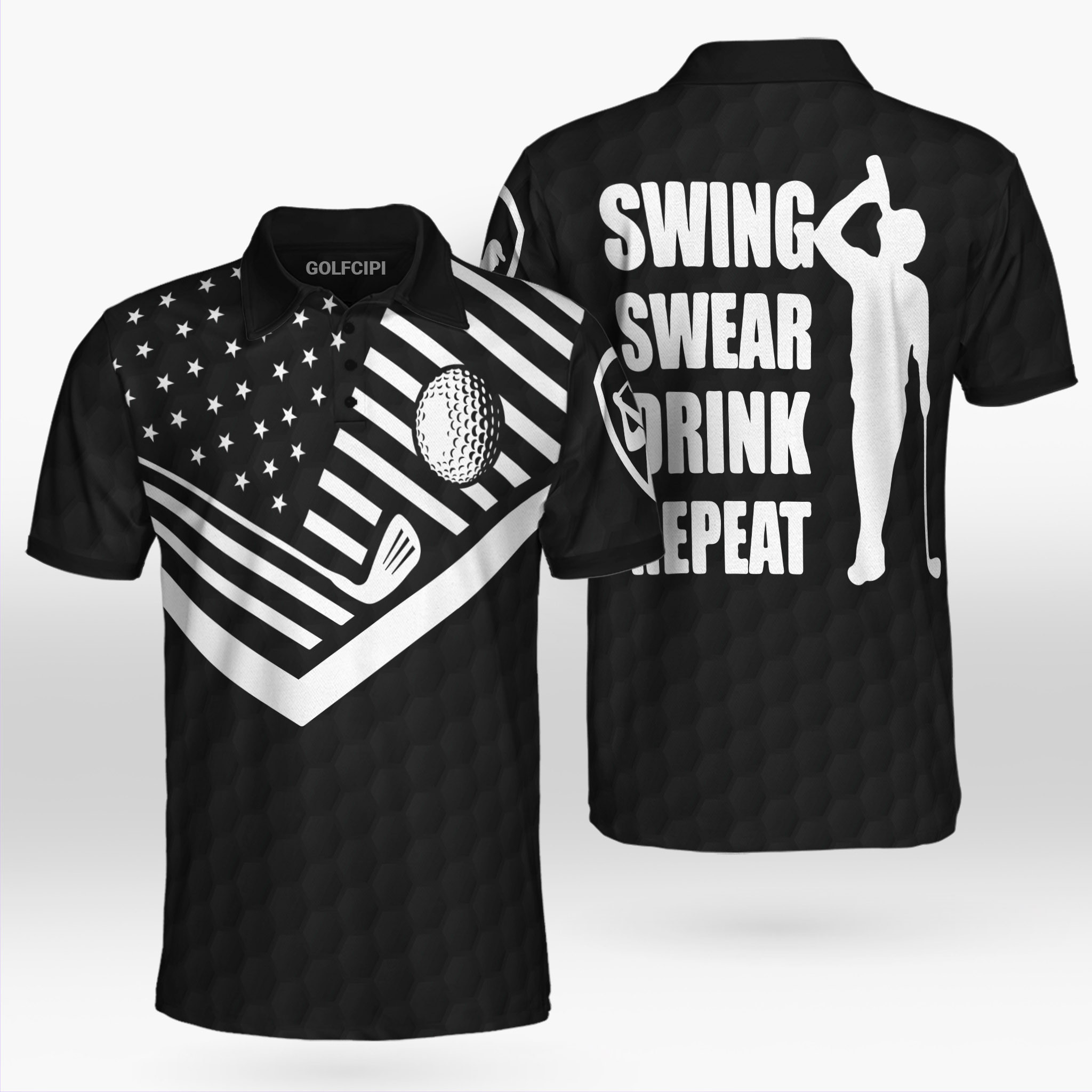 Swing Swear Drink Repeat Golf Black Polo Shirt Best Golf Shirts For Men