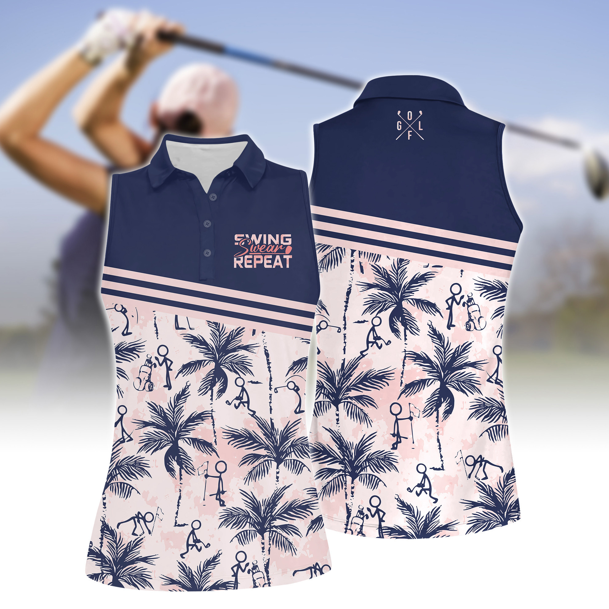 Swing Swear Repeat Golf Figures Short Sleeve Polo Shirt Sleeveless Polo Shirt