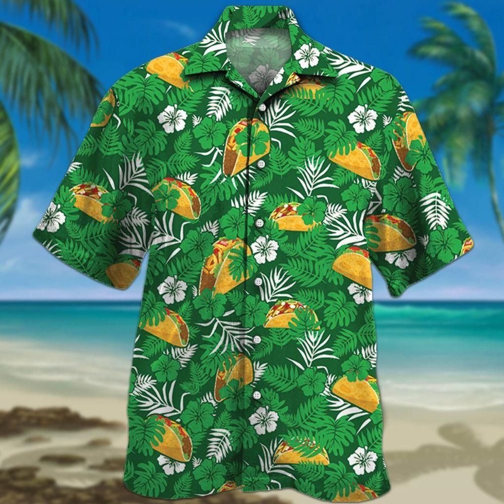 Tacos Lovers Green Floral Aloha Hawaiian Shirt Colorful Short Sleeve Summer Beach Casual Shirt For Men And Women