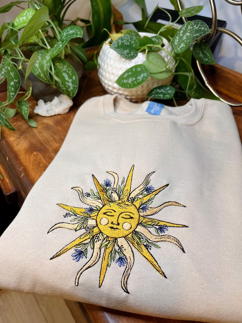 Tan Floral Sun Embroidered Crewneck - Celestial Sweatshirt - Boho Cottagecore Apparel