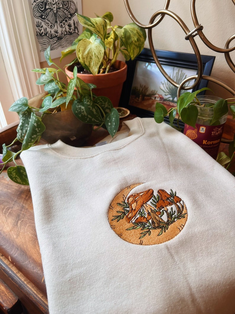 Tan Mushroom Moon Embroidered Crewneck - Embroidered Sweatshirt - Mushroom Apparel