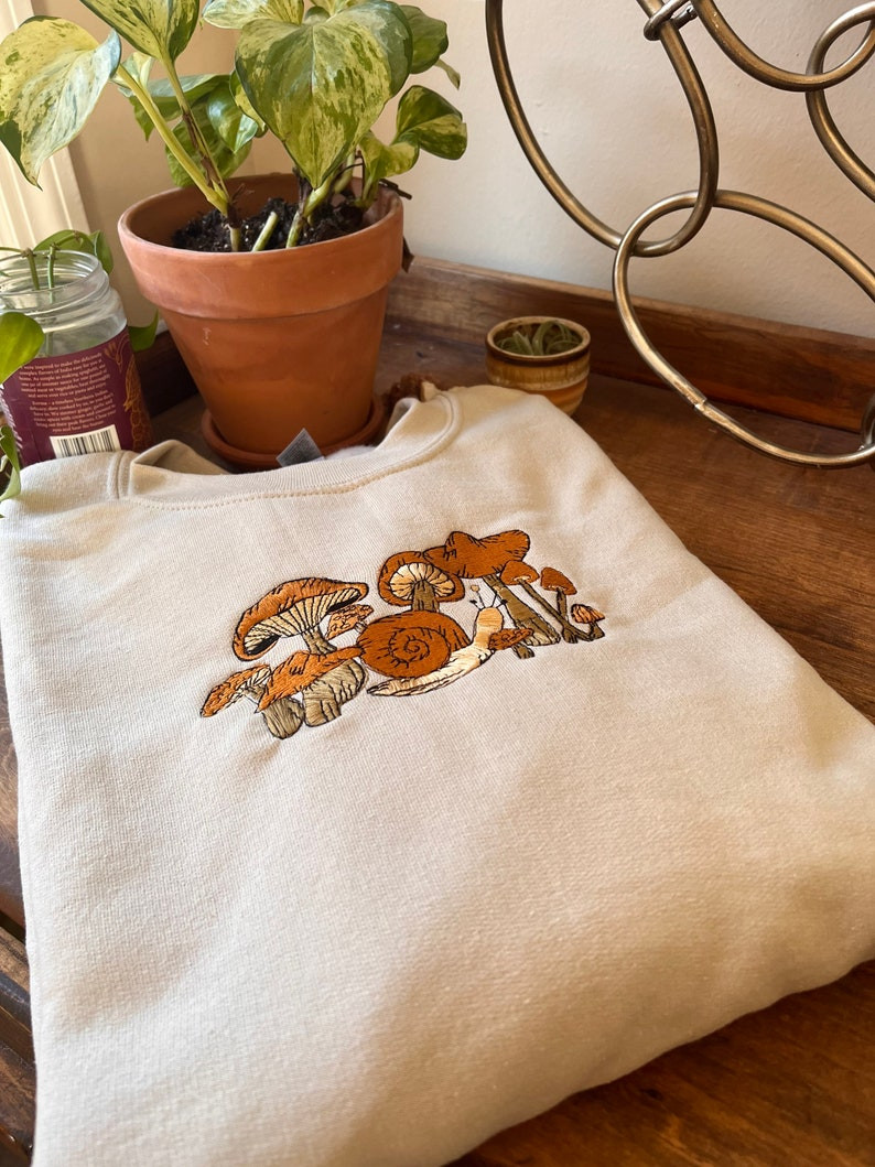 Tan Mushroom Snail Embroidered Crewneck - Unisex Embroidered Fleece Pullover - Custom Crewneck - Embroidered Sweatshirt