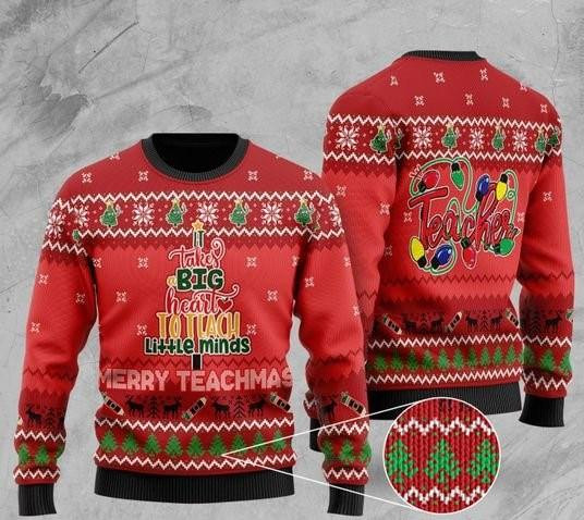 Teacher It Takes Big Heart Ugly Christmas Sweater