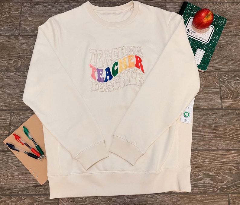 Teachers Save the World Trendy Custom Embroidered Crewneck Sweatshirt Rainbow Retro Crewneck Sweatshirt