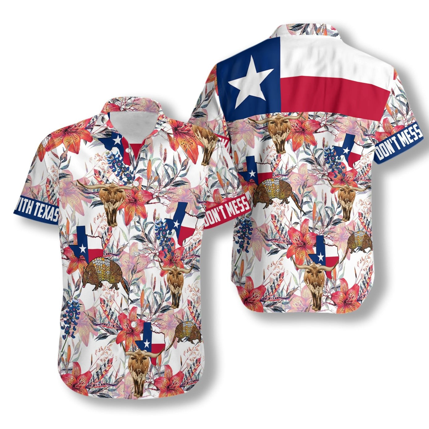 Texas Longhorn Bluebonnet and Armadillo Hawaiian Shirt Summer Aloha Shirt