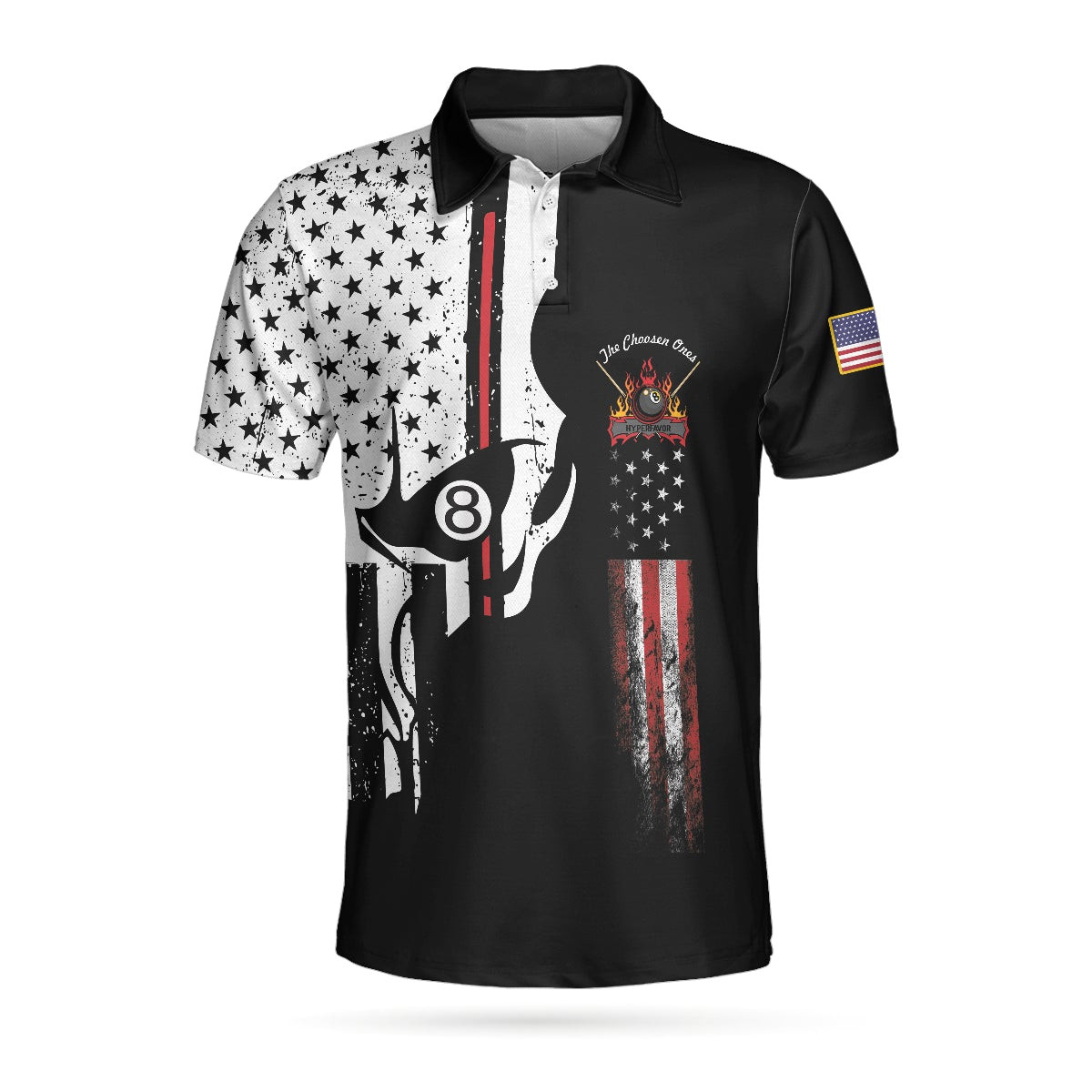 The Chosen Ones Skull Billiards Pool Polo Shirt 8-ball Black And White Skull American Flag Billiards Shirt For Men