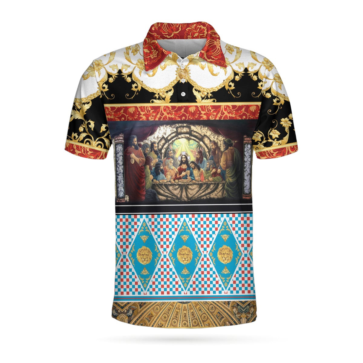 The Last Supper Renaissance Pattern Polo Shirt Luxury Gold Brocade Pattern Christian Shirt For Men