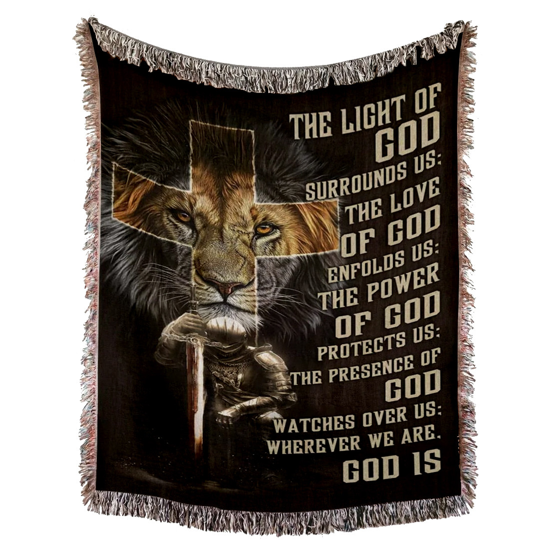 The Light Of God Surrounds Us Woven Blanket - Prayer Woven Throw Blanket - Warrior Lion of Judah Tapestry For Christian Blanket