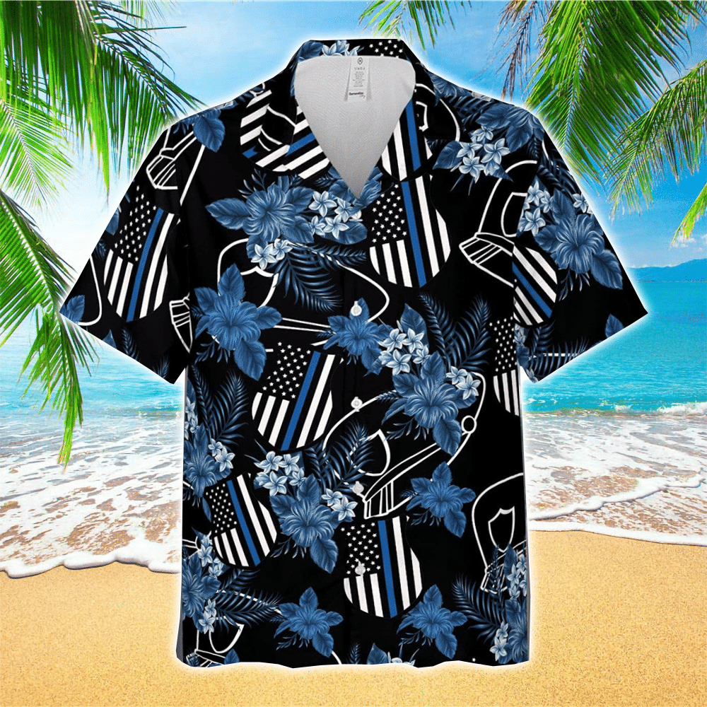 Thin Blue Line Police Badge  Flowers US Police Hawaiian Shirt Summer Aloha Shirt