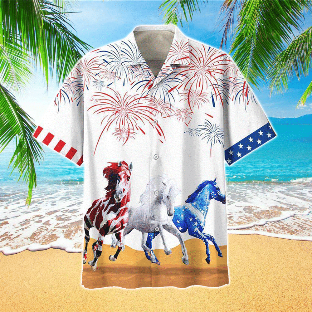 Three Running Horses Fireworks Hawaiian Shirt for Men and Women