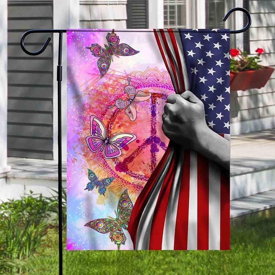 Tie Dye Peace Sign Butterfly Flag American Independence Day Us Garden Flag House Flag