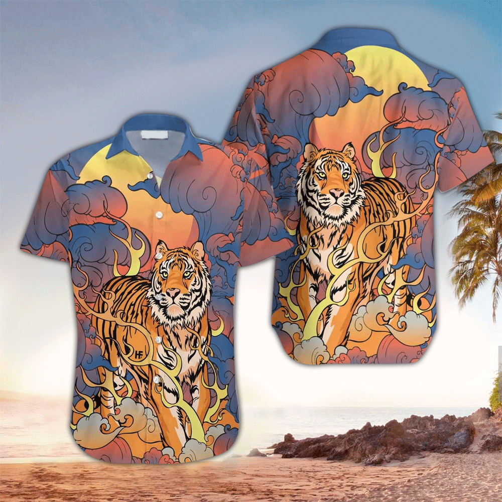 Tiger Apparel Tiger Hawaiian Button Up Shirt Summer Aloha Shirt