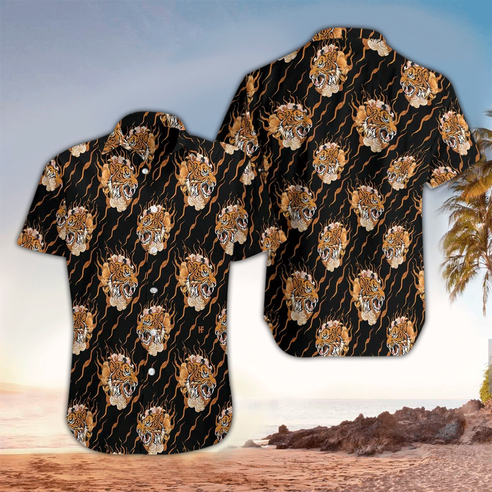 Tiger Apparel Tiger Hawaiian Button Up Shirt Summer Aloha Shirt