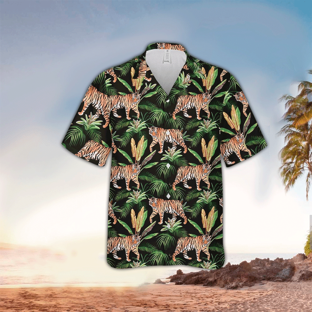 Tiger Apparel Tiger Hawaiian Button Up Shirt Summer Aloha Shirt