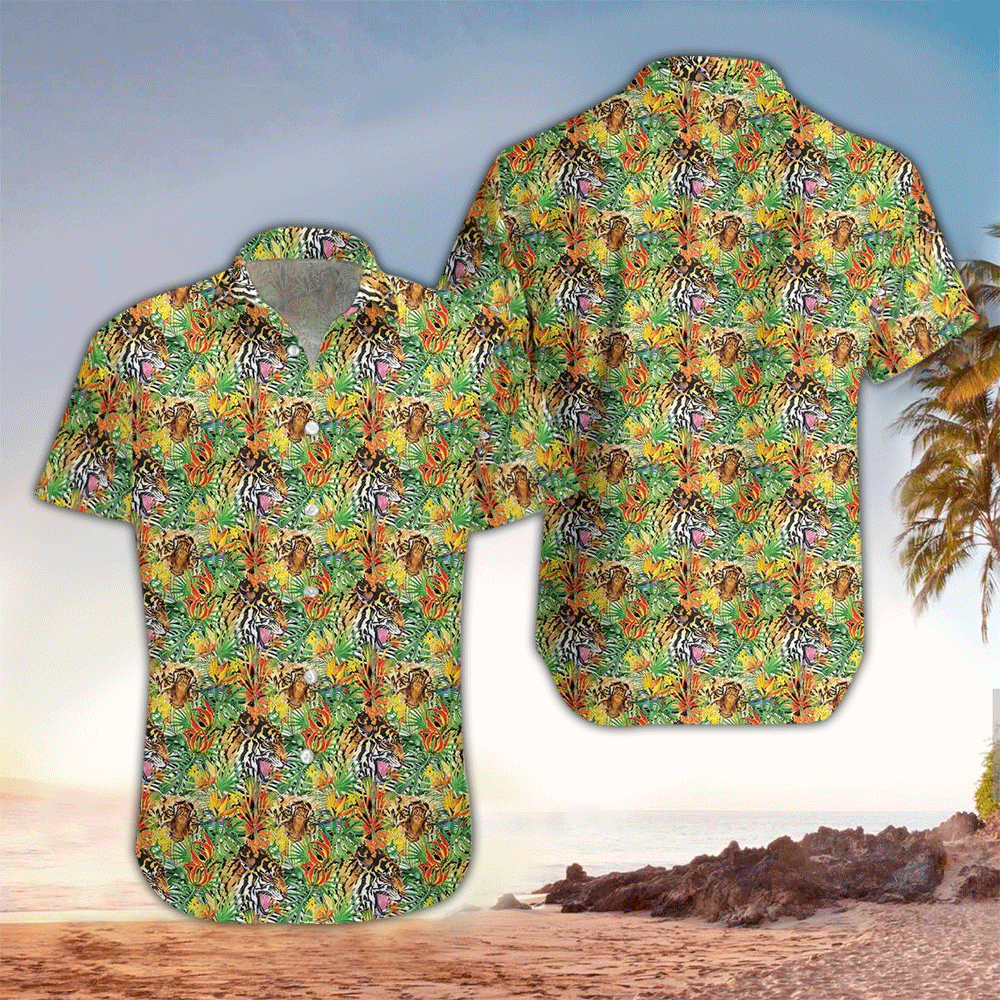 Tiger Apparel Tiger Hawaiian Button Up Shirt Summer Aloha Shirt