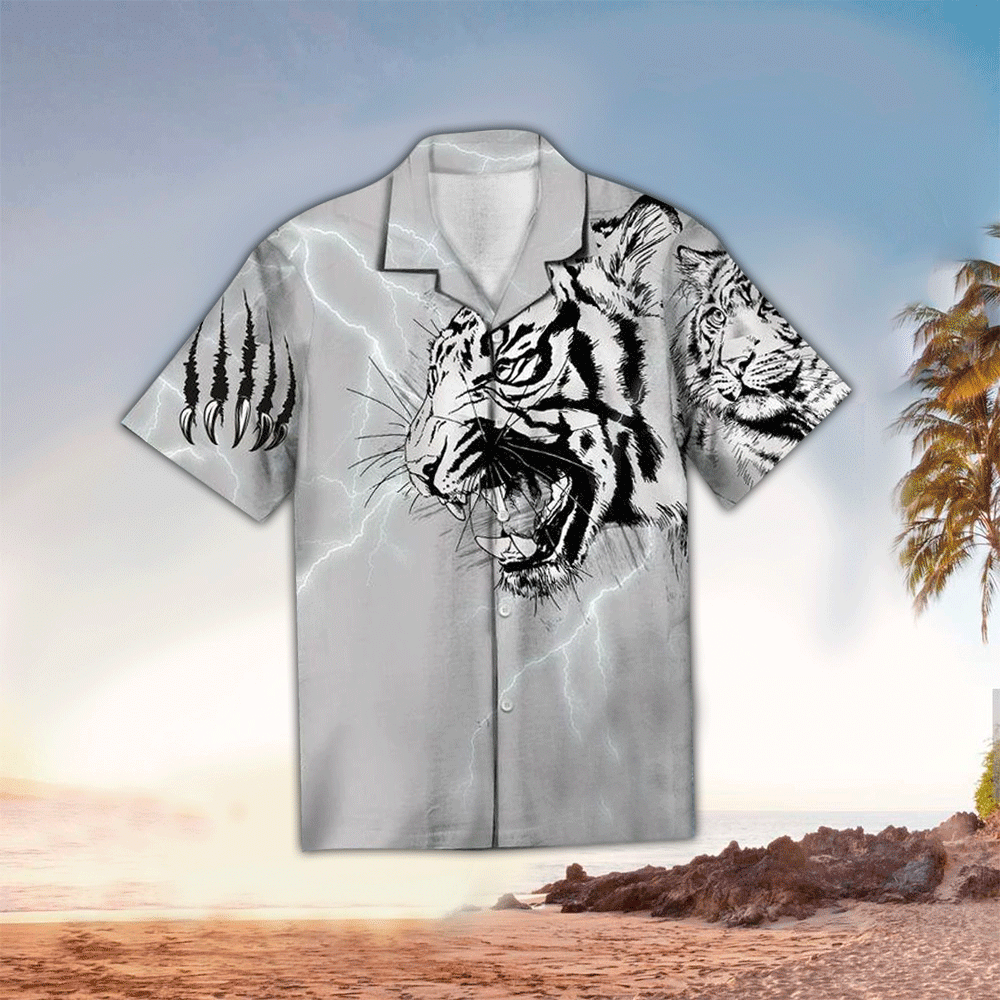 Tiger Apparel Tiger Hawaiian Button Up Shirt Summer Aloha Shirt