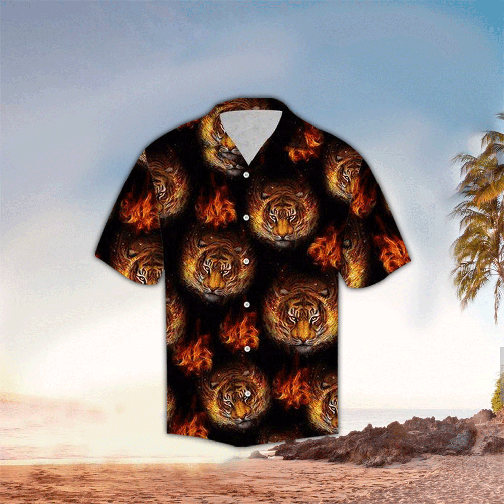 Tiger Apparel Tiger Hawaiian Button Up Shirt Summer Aloha Shirt