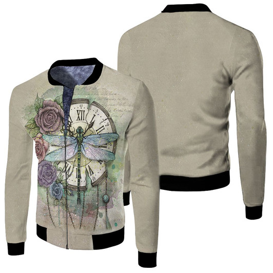 Time Flies Dragonfly Rose Clock Fleece Bomber Jacket