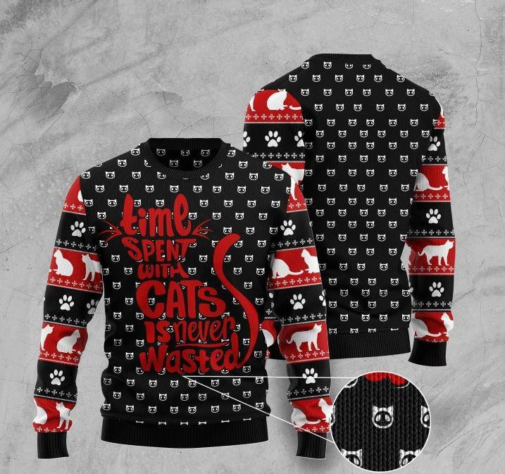 Time Spent With Cats Is Never Wasted Ugly Christmas Sweater Ugly Sweater For Men Women