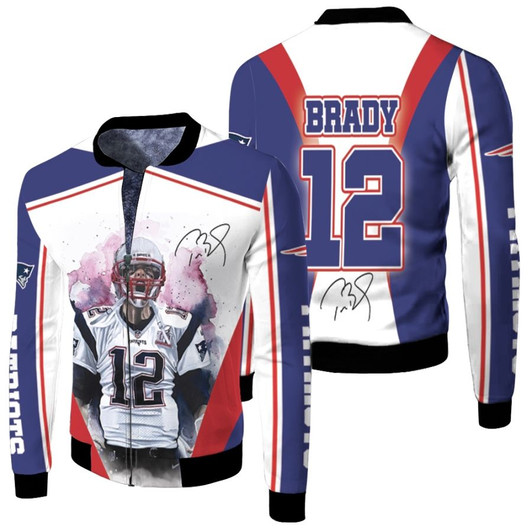 Tom Brady 12 New England Patriots Nfl Offensive Player Of The Year White Blue Fleece Bomber Jacket