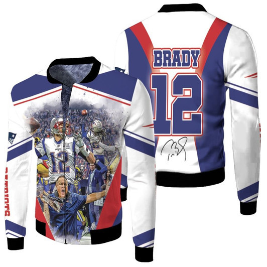 Tom Brady 12 New England Patriots The Champions Moment White Blue Fleece Bomber Jacket