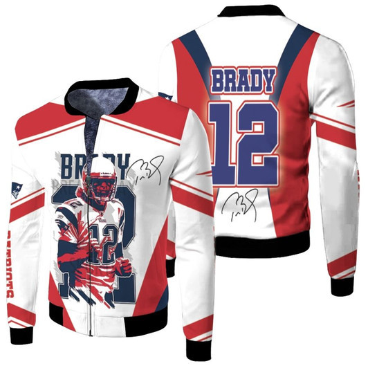 Tom Brady 12 New England Patriots The Great Player Signature White Red Fleece Bomber Jacket