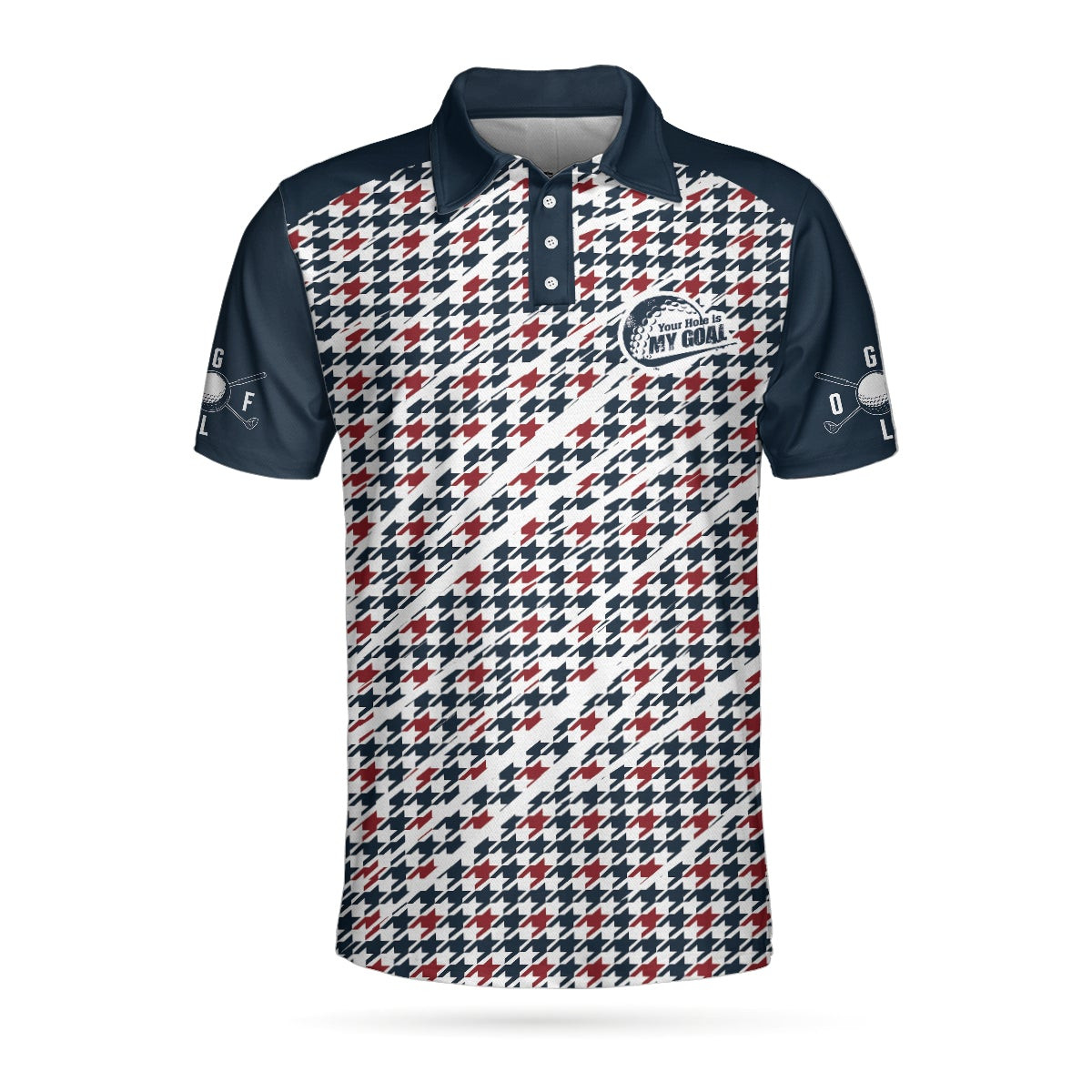 Trendy Red  Blue Houndstooth Pattern Golf Shirt Your Hole Is My Goal Polo Shirt Best Golf Shirt For Men