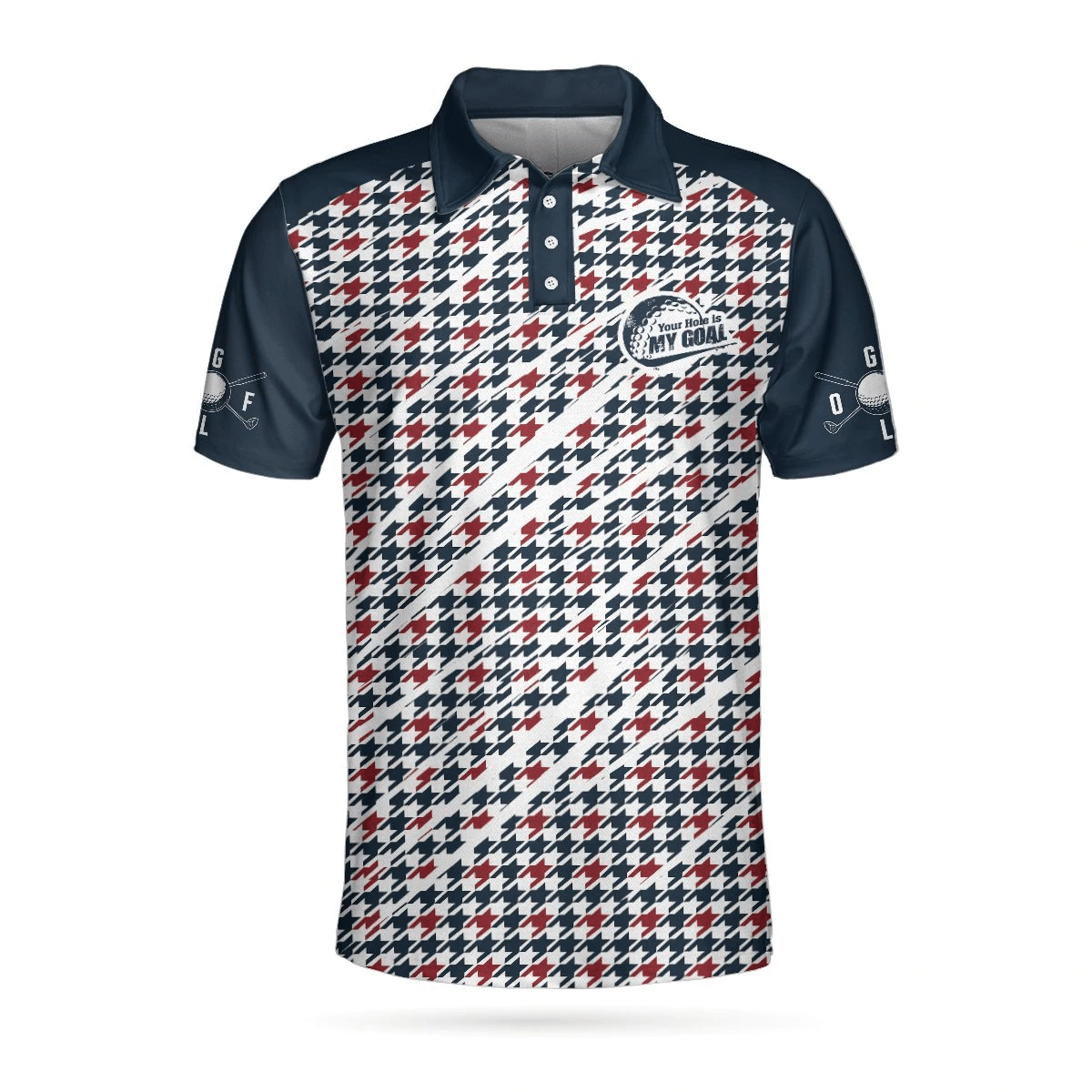 Trendy Red  Blue Houndstooth Pattern Golf Shirt Your Hole Is My Goal Polo Shirt Best Golf Shirts Short Sleeve Polo For Men