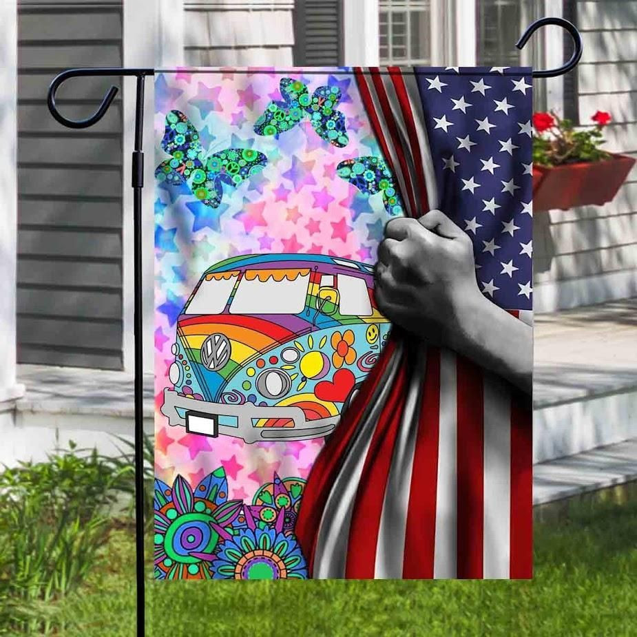 Trippy Bus Hippie In The Magical Psychedelic USA Flag America Flag 4th Of July Us Garden Flag House Flag